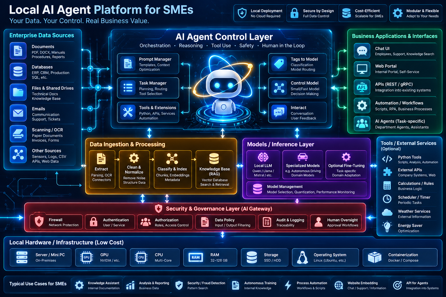 SELENIS Local AI Agent Platform: Unternehmensdaten, AI Agent Control Layer, Anwendungen, Data Ingestion, RAG, Inference, Security und lokale Hardware